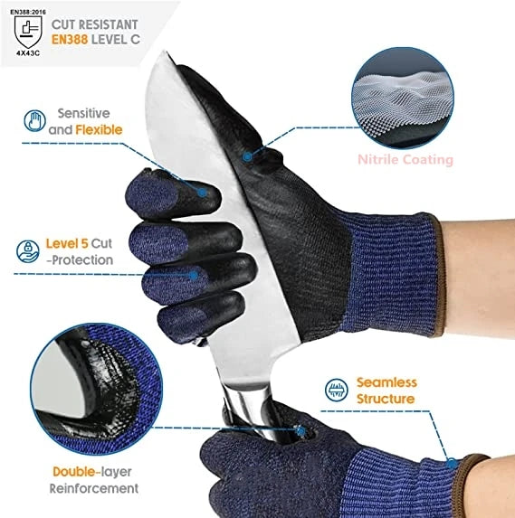 Level 5 Cut-Resistant Gloves – Heavy Duty, Nitrile Grip (1/3 Pair)
